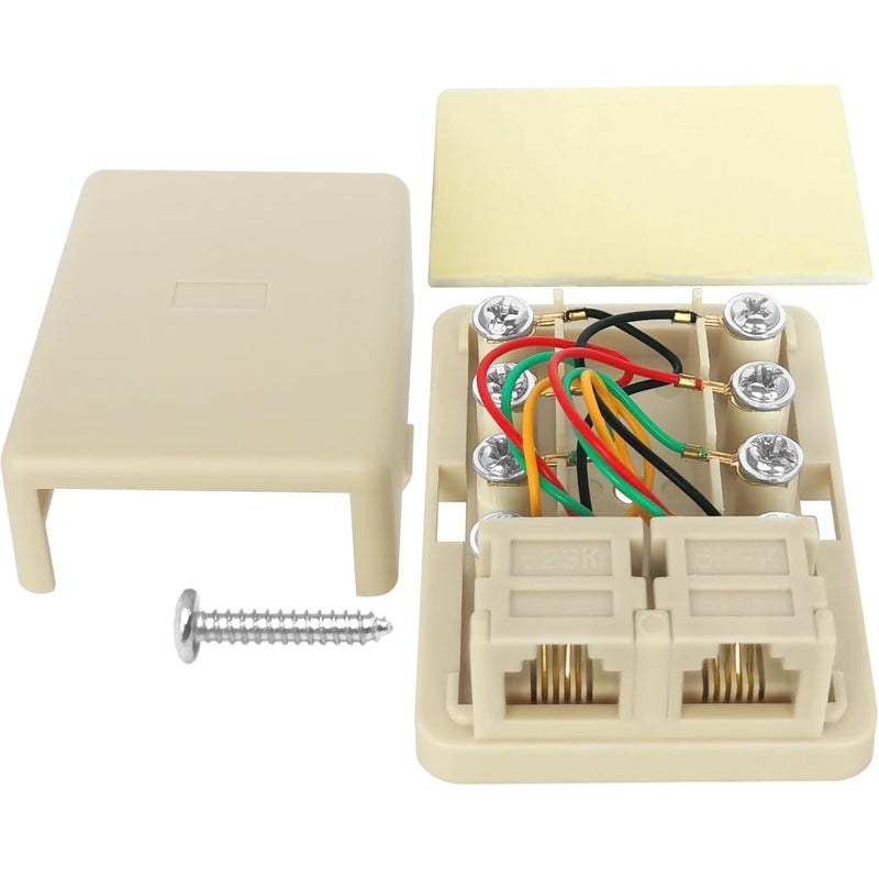 NECABLES Phone Jack Surface Mount Dual Port for 2 Phone Line Telephone Jack Box 8 Screw Terminals to 2 RJ11 6P4C Female Ivory - Image 2